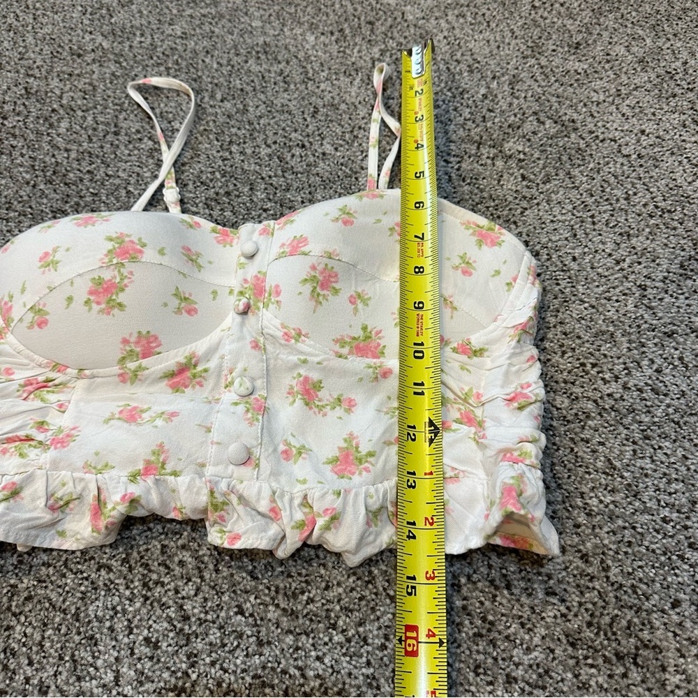 SIM & SAM M Ivory Pink Floral Top Bustier Smocked Back Stretch - Picture 10 of 10